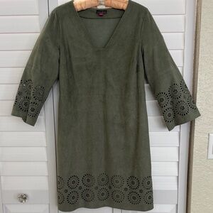 Vince Camuto Olive Green V-Neck Suede-Look Shift Dress with Laser-Cut Hem